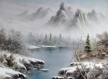 Lake and Mountains in Fog Bob Ross Landscape Oil Paintings